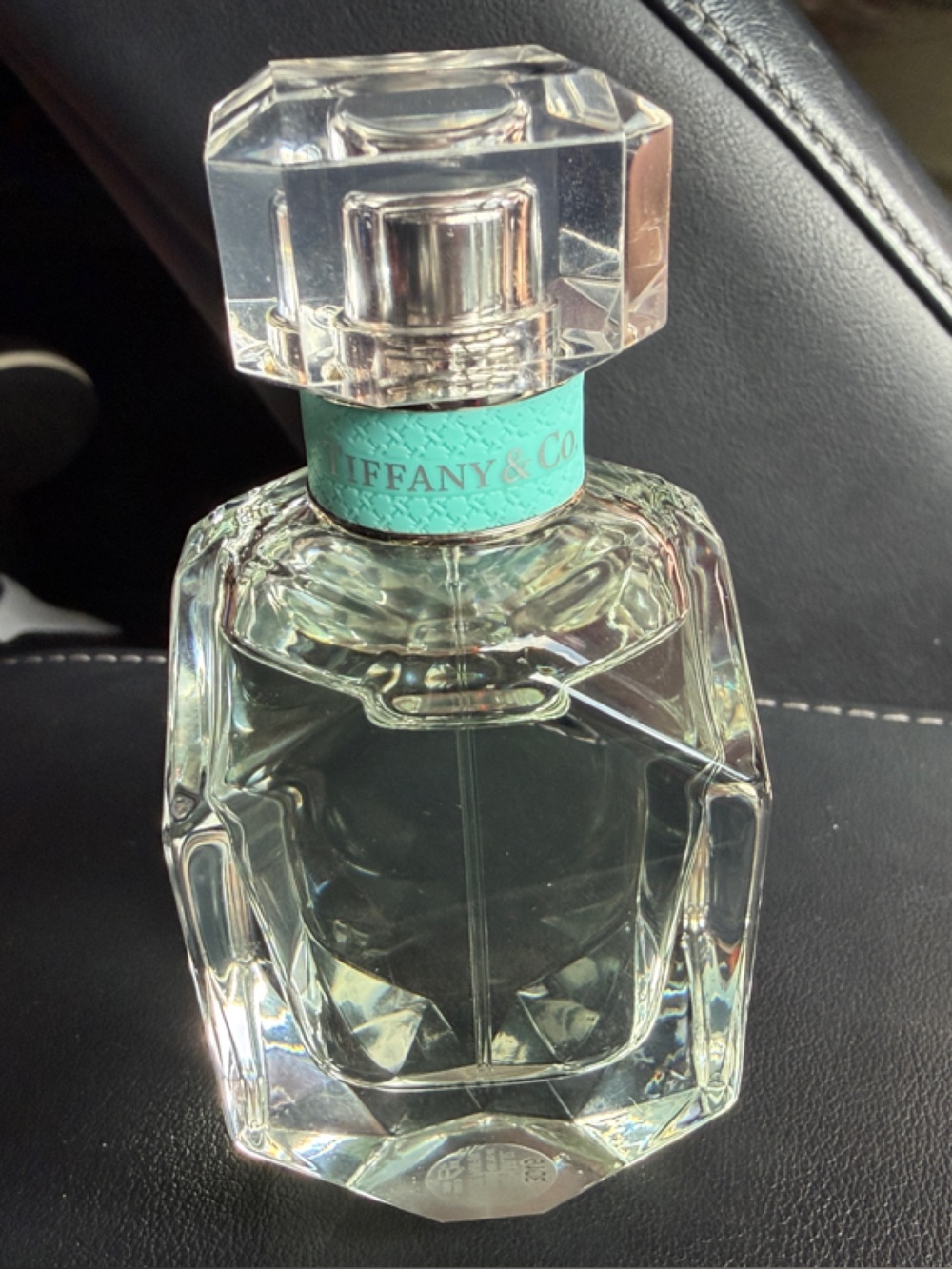 Tiffany & Co. Clear Faceted Crystal Perfume Bottle with Tiffany Blue Neck